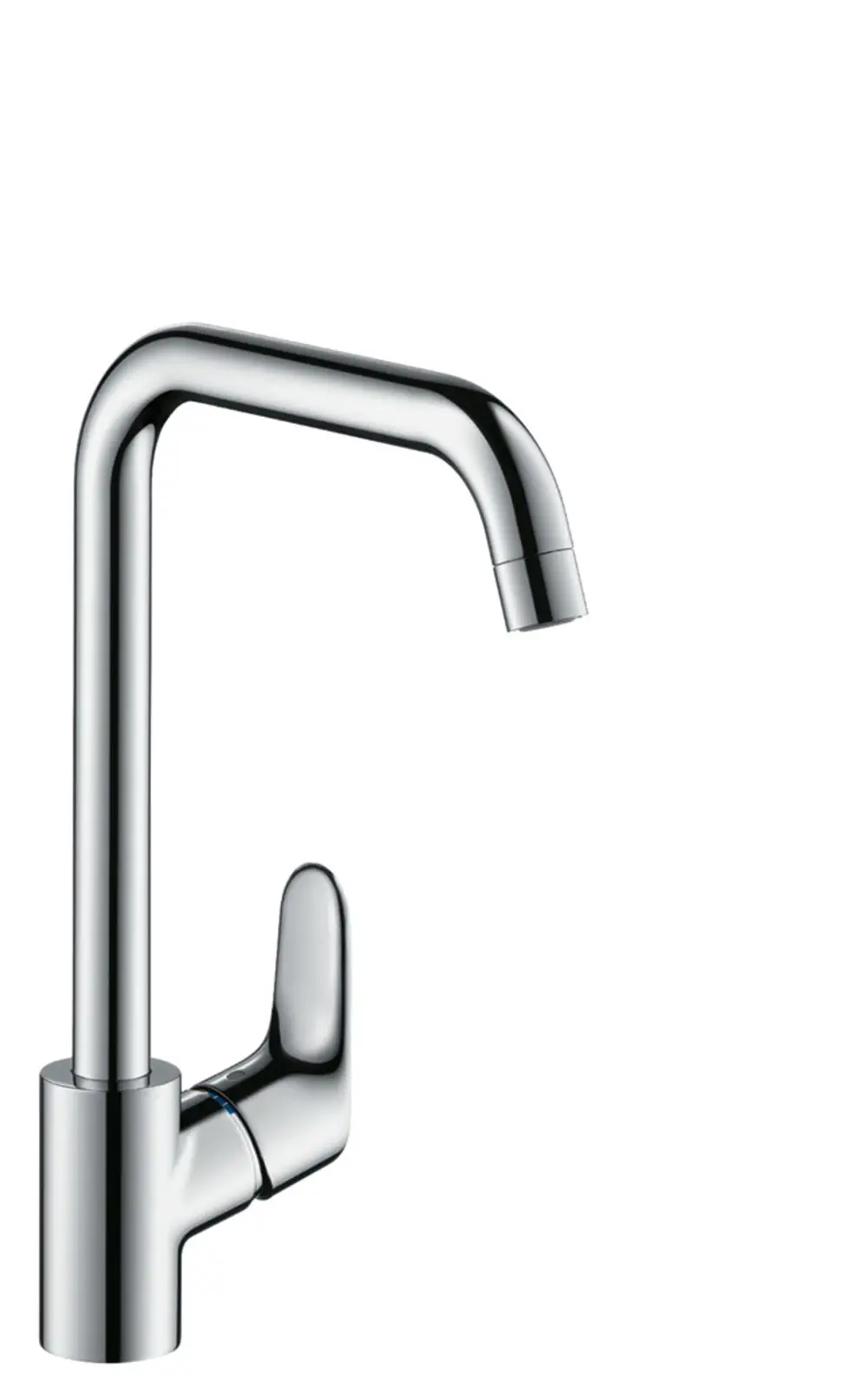 Einhebel-Küchenmischer in Chrom mit einem schlanken, modernen Design von Hansgrohe. Der Wasserstrahlteil ist leicht gekrümmt und der Hebel befindet sich seitlich.